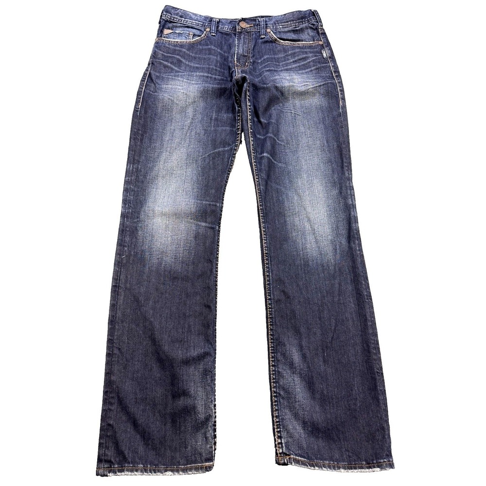 Silver Grayson Selvedge‎ Jeans Men 33x34 Blue Straight Whisker Distress Denim